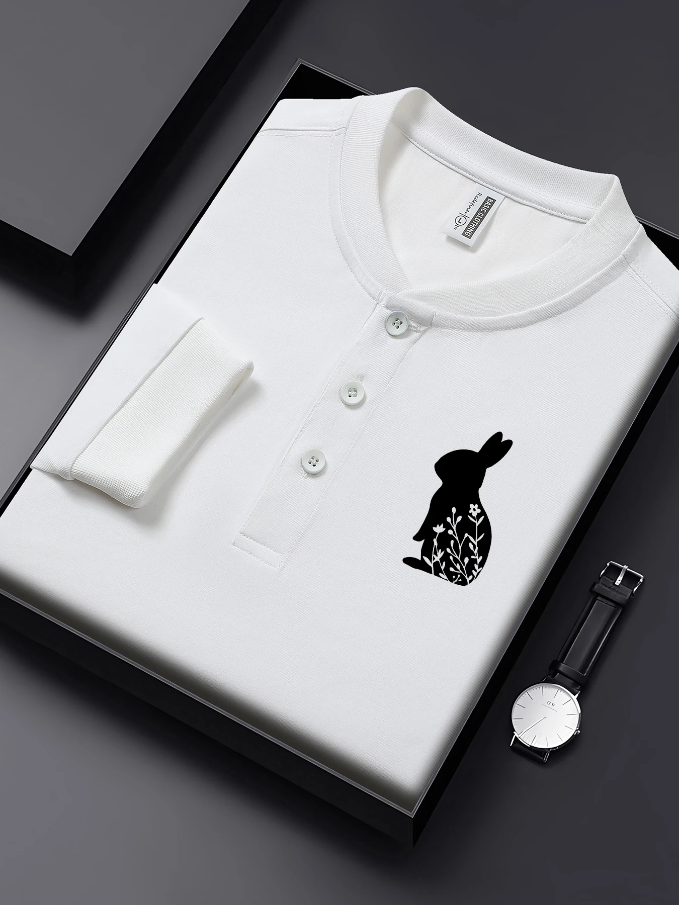 

Мужская базовая рубашка с простым принтом кролика, повседневная хлопковая спортивная одежда с длинными рукавами Henley, осенние футболки с вырезом Генри