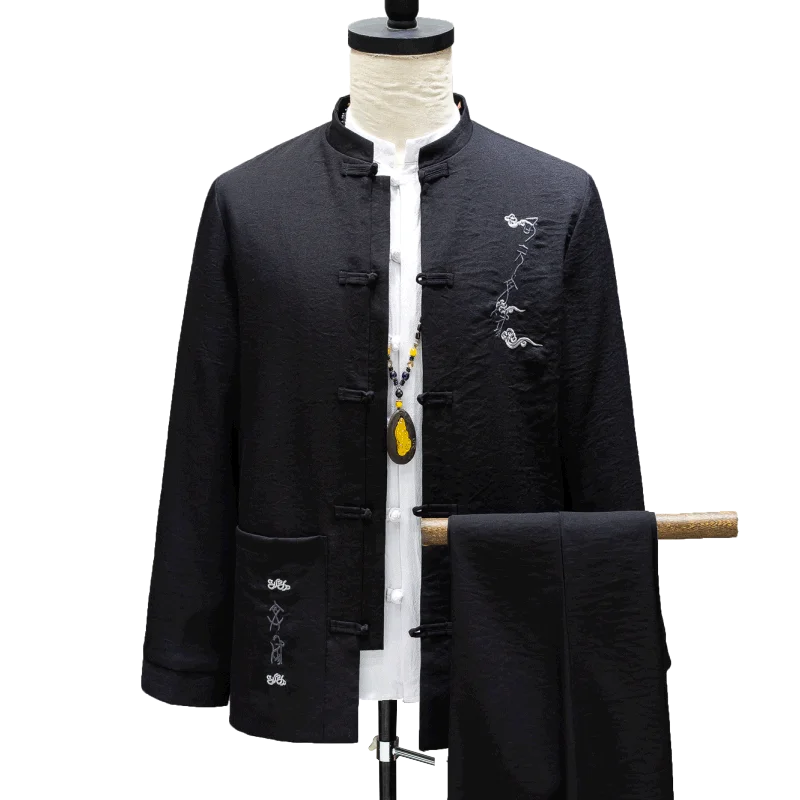 2023 Autumn Men\'s Suit Embroidery Chinese Style Stand Collar Jacket Trousers Male Wedding Blazers Coat Pants 2 Pcs Set