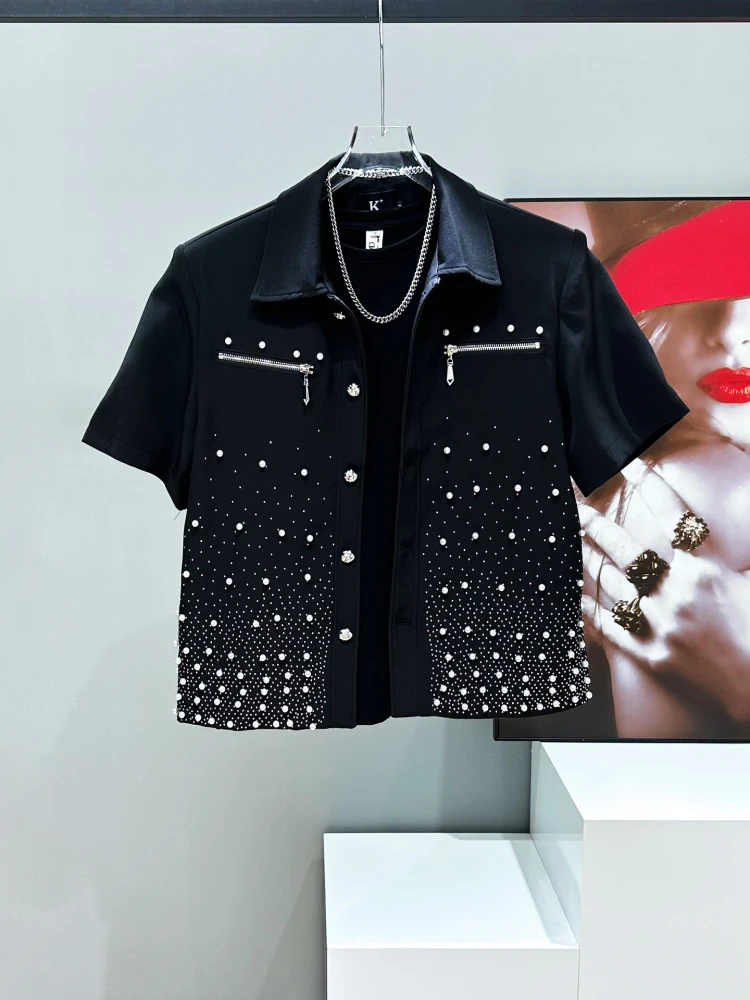 2025 Summer New High-end Coats Male Zipper Decoration Hot Diamond Short Sleeve Black Jackets Trousers Men's Pearl Pants Sets