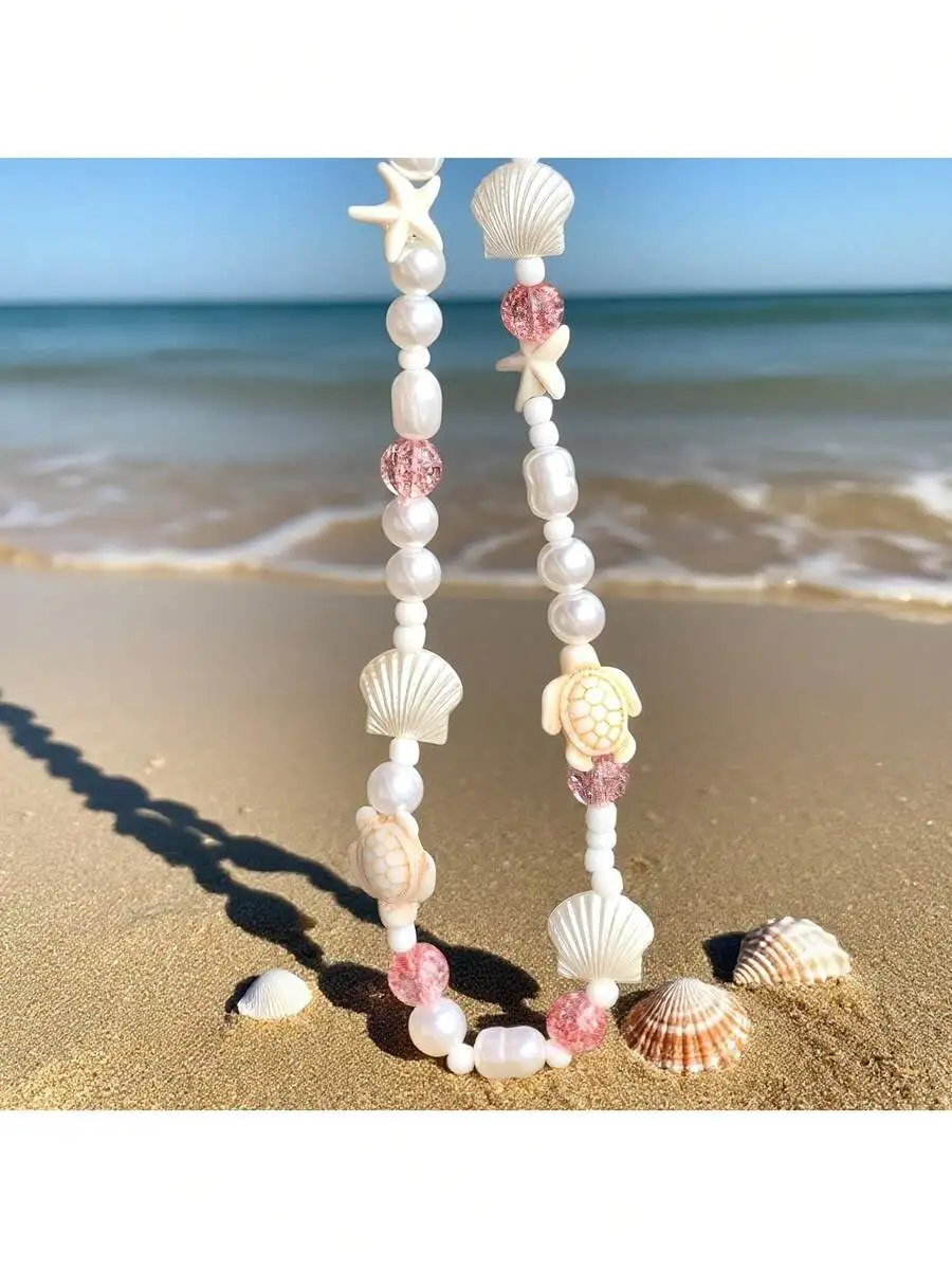 

Ocean Theme Shell Starfish Turtle Beaded Phone Lanyard For Adults