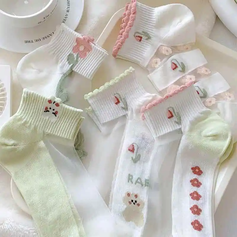 Crystal Glass Thread Women's Socks Thin Transparent Summer Fashion Short Cotton Bottom Boat Socks Floral Pattern Moisture Wic...