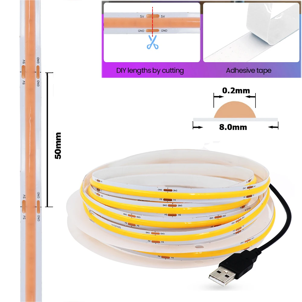 DC 5V USB COB Strip 320Leds/M White/Ice Blue/Pink/Yellow/Pink/Red PCB 8MM Flexible Ribbon Rope Night Lamp TV Backlight LED Strip