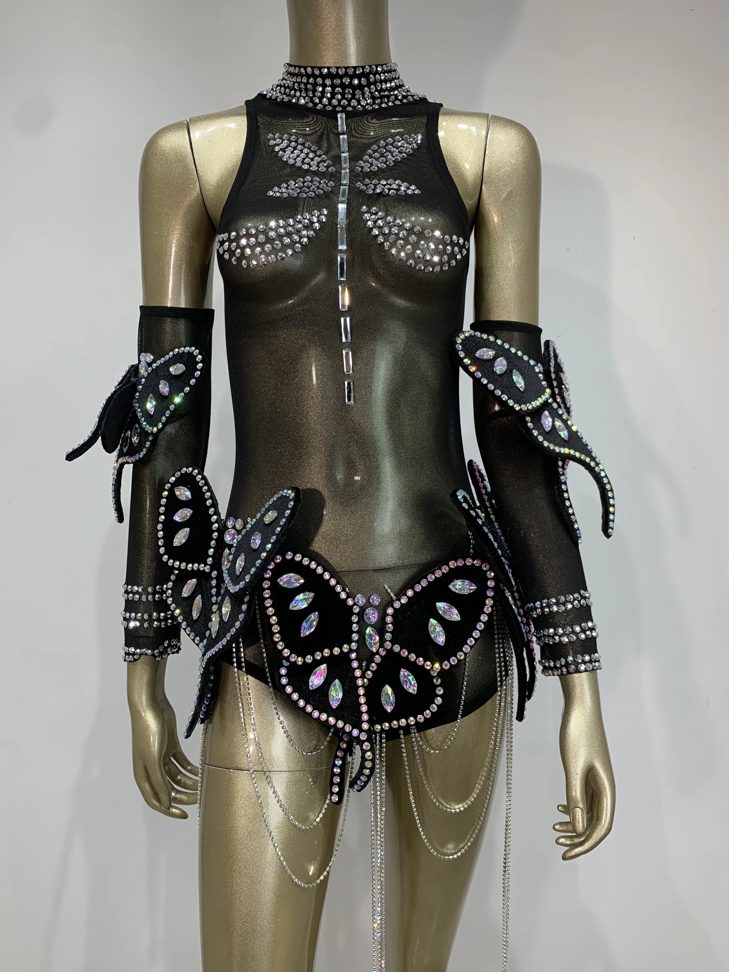 Body extensible avec chaîne papillon et strass scintillants pour femmes, avec manches, maille transparente, Costume de scène pour chanteur DJ en boîte de nuit