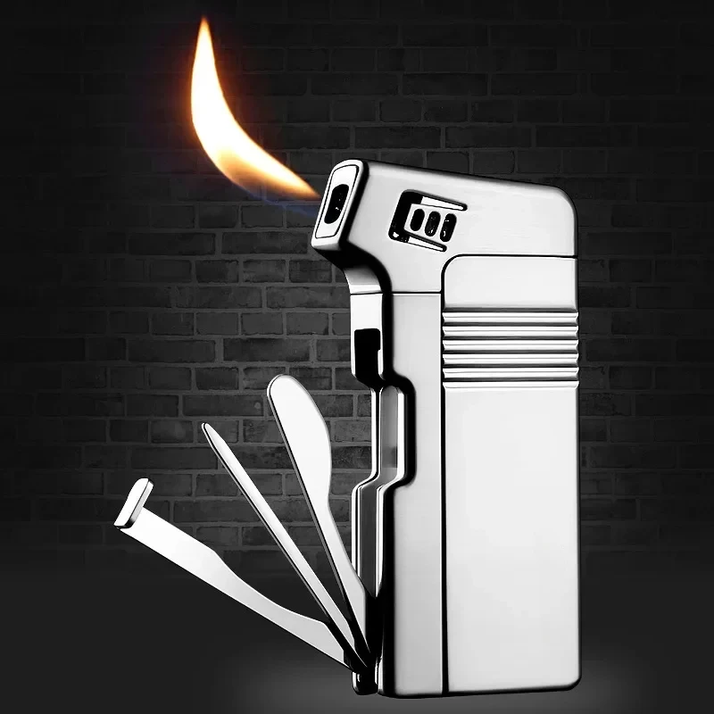 Inflatable Lighter with Cigarette Knife Press Stick Through Needle Oblique Fire Lighter Retro Pipe Special Multifunctional