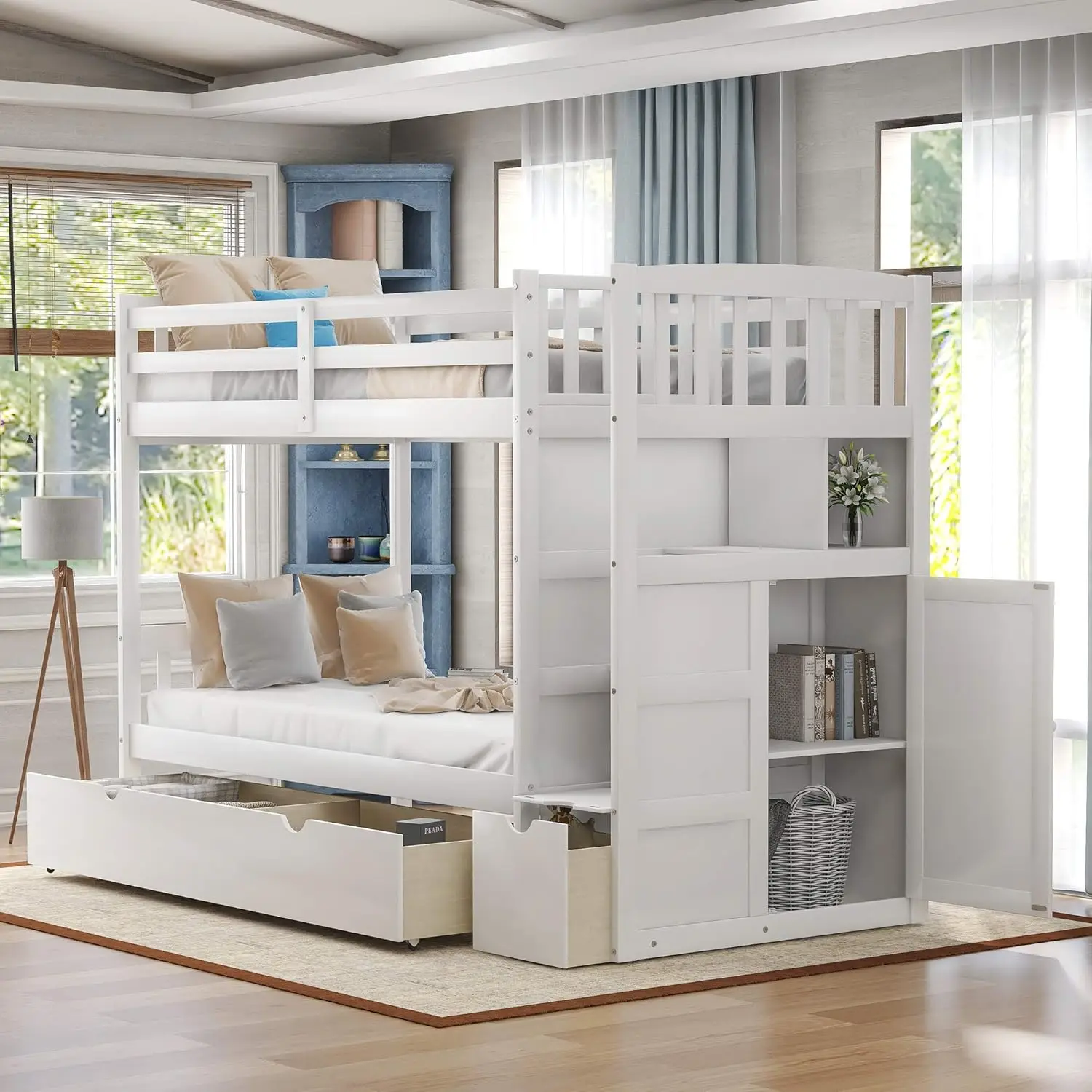 SOFTSEA Twin Over Full Bunk Bed with Drawers and Staircase,Convertible Bottom Bed, Twin Over Twin Wood Bunk Bed with Cabinet