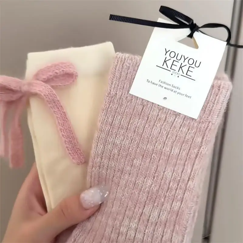 1Pairs Korean Style Sweet Bow Love Socks Autumn Winter Warm Socks Women's Mid-calf Versatile Simple Socks Fair Isle Sock Gift