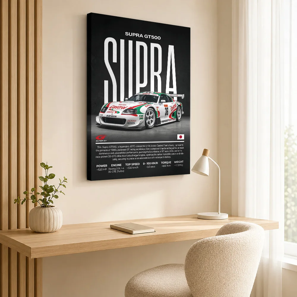 Sleek Supra GT500 Castrol Racing Framed Canvas Print Poster Customized Photo Gallery Style Wall Art Man Cave Decor Driver Gift