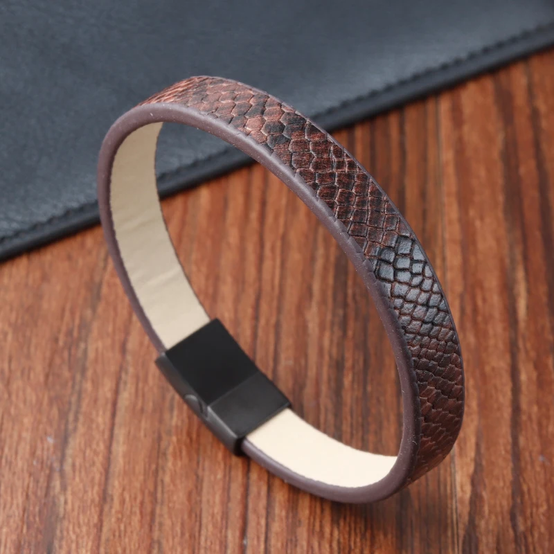 Simple Style snake bracelet men Leather Black  Stainless Steel Clasp Neutral Accessories Hand-woven Charm Jewelry Gifts