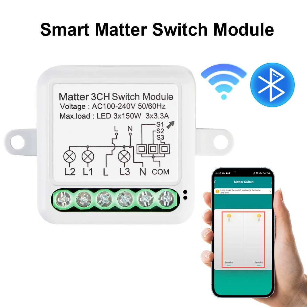 Remote Controller On/Off Switch Voice Control Universal 1/2/3/4CH Matter Switch Module Smart Breaker 300W 10A AC 100V-240V WIFI