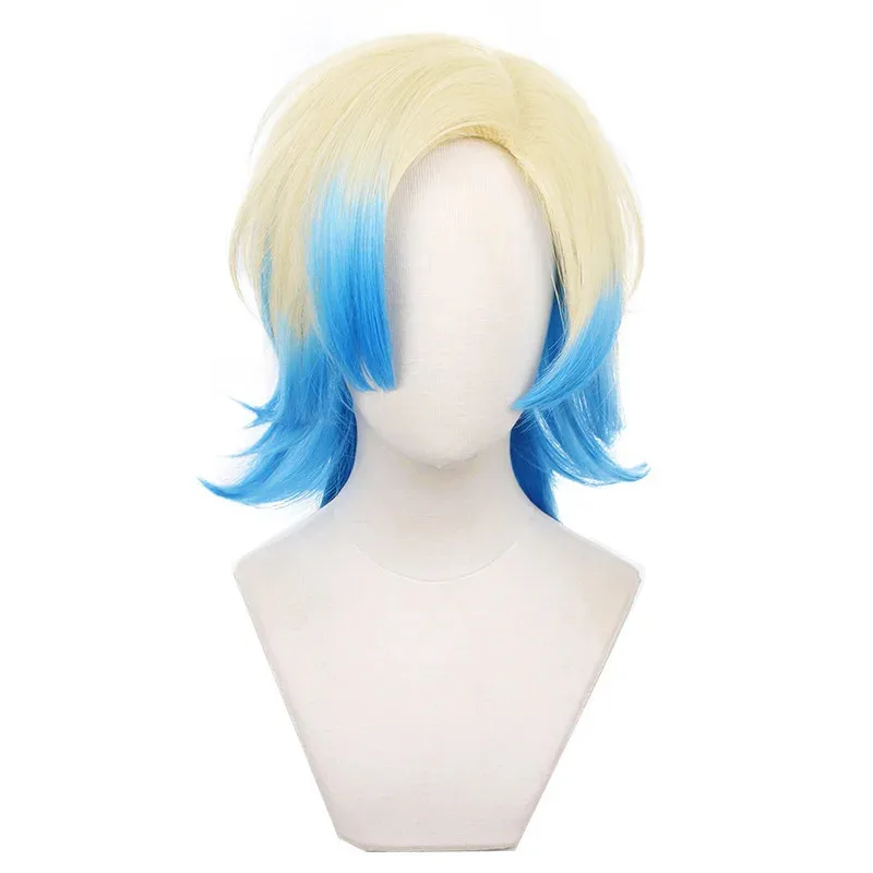 

Lock Michael Kaiser Cosplay Golden Blue Short Hair Ponytails Role Play Heat Resistant Headwear Anime + Wig Cap1;w'2,c.3;r'
