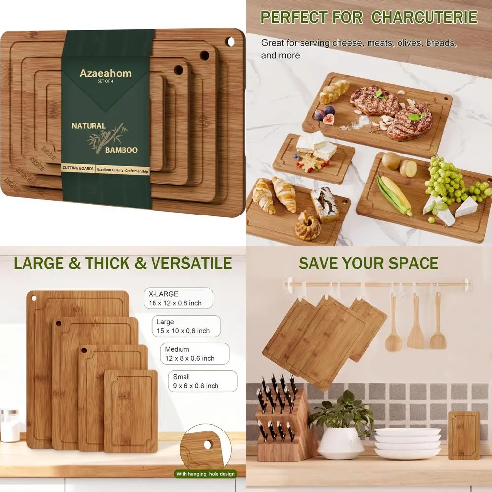 

4-Piece Wood Kitchen Cutting Board Set with Juice Grooves and Built-in Handles for Easy Storage and Cleaning - Ideal for Choppin
