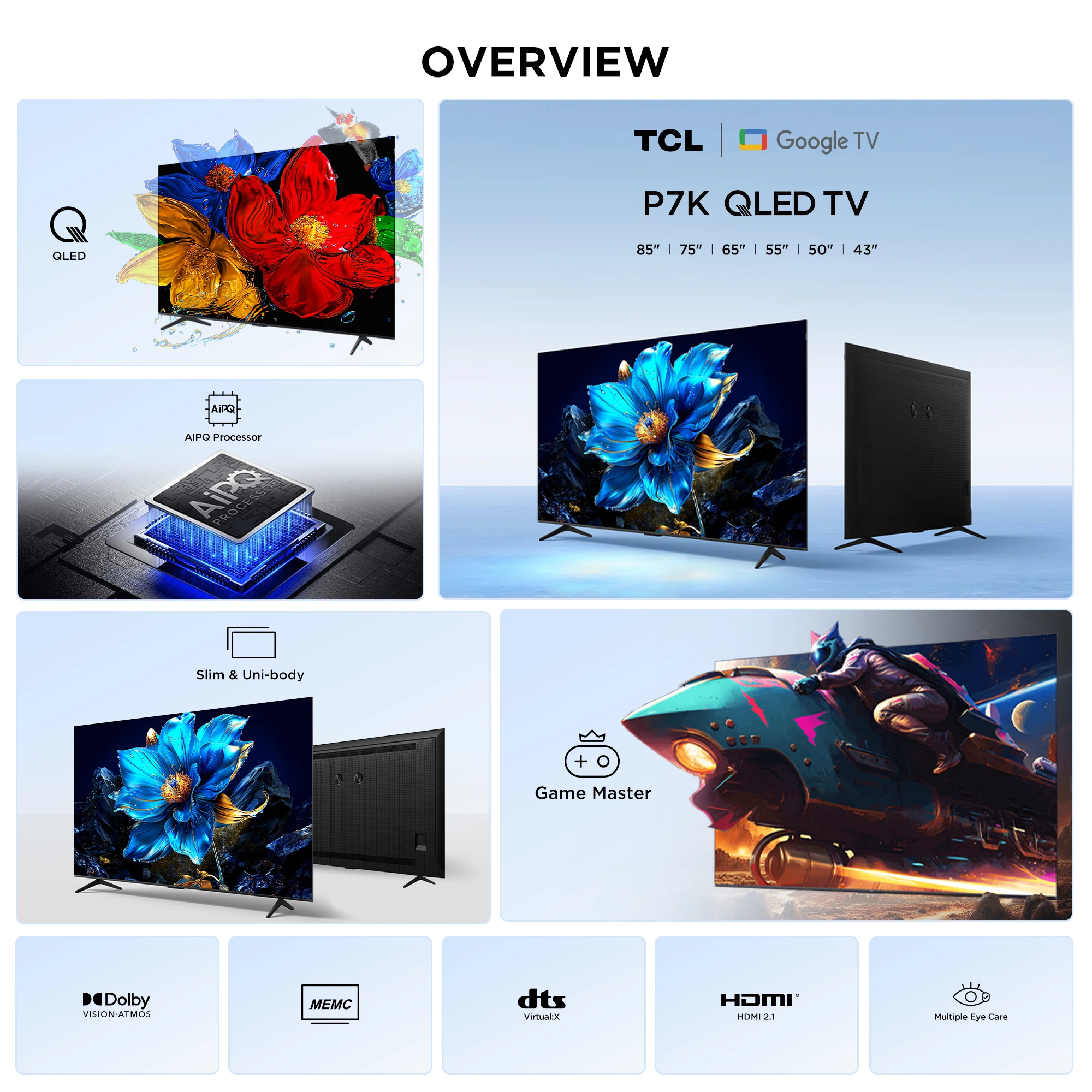 معالج TCL P7K/P71K مقاس 50 بوصة/55 بوصة/65 بوصة/75 بوصة/85 بوصة QLED TV Game Master Slim & Uni-body Dolby Vision Atmos HVA لوحة AiPQ