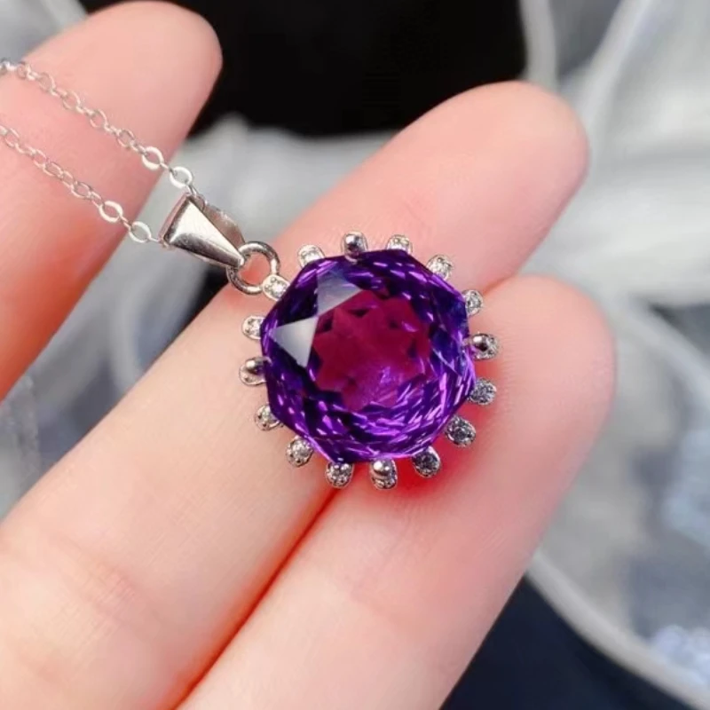 

4ct VVS Grade Natural Amethyst Pendant for Office Woman 10*10mm Rose Shape Amethyst Necklace Pendant 925 Silver Amethyst Jewelry