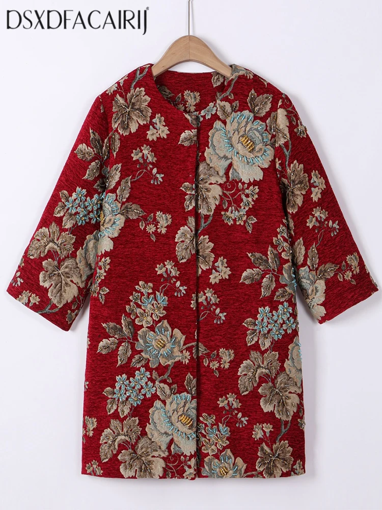 

DSFACAIRIJ женское винтажное жаккардовое пальто с круглым вырезом и карманами на рукавах 4/3, на пуговицах, верхняя одежда из бисера для осенней модной женской одежды