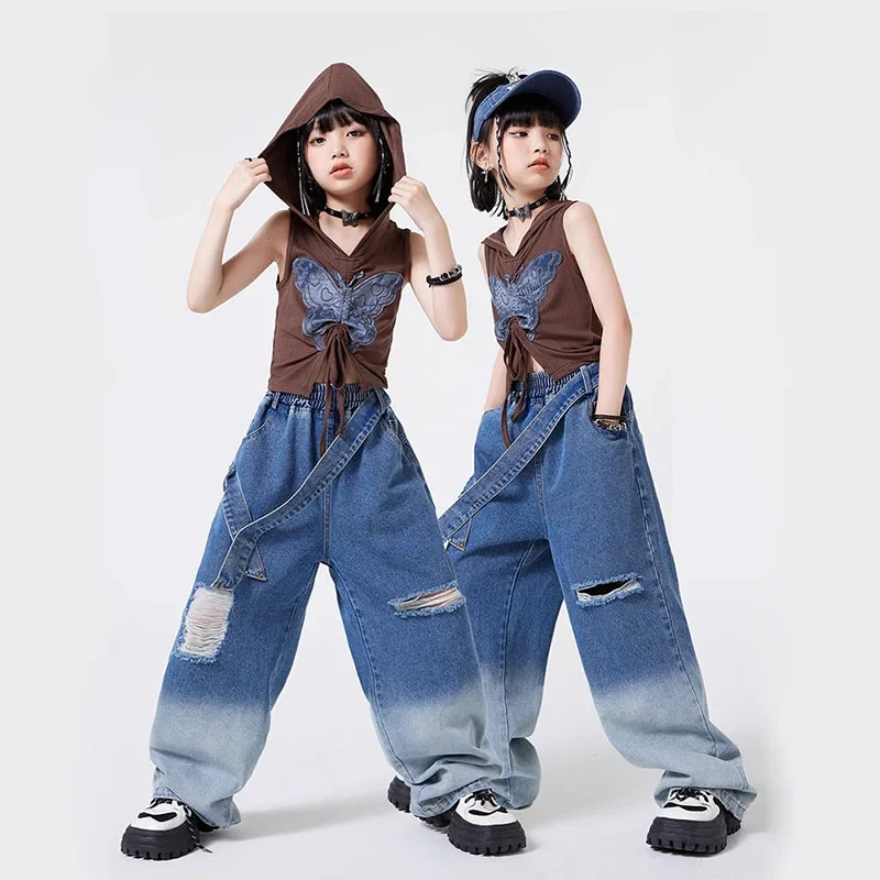 Kid Hip Hop Clothing Coffee Butterfly Crop Hoodie Tank Top Denim Blue Strap Ripped Jeans Pants for Girls Dance Costumes Clothes