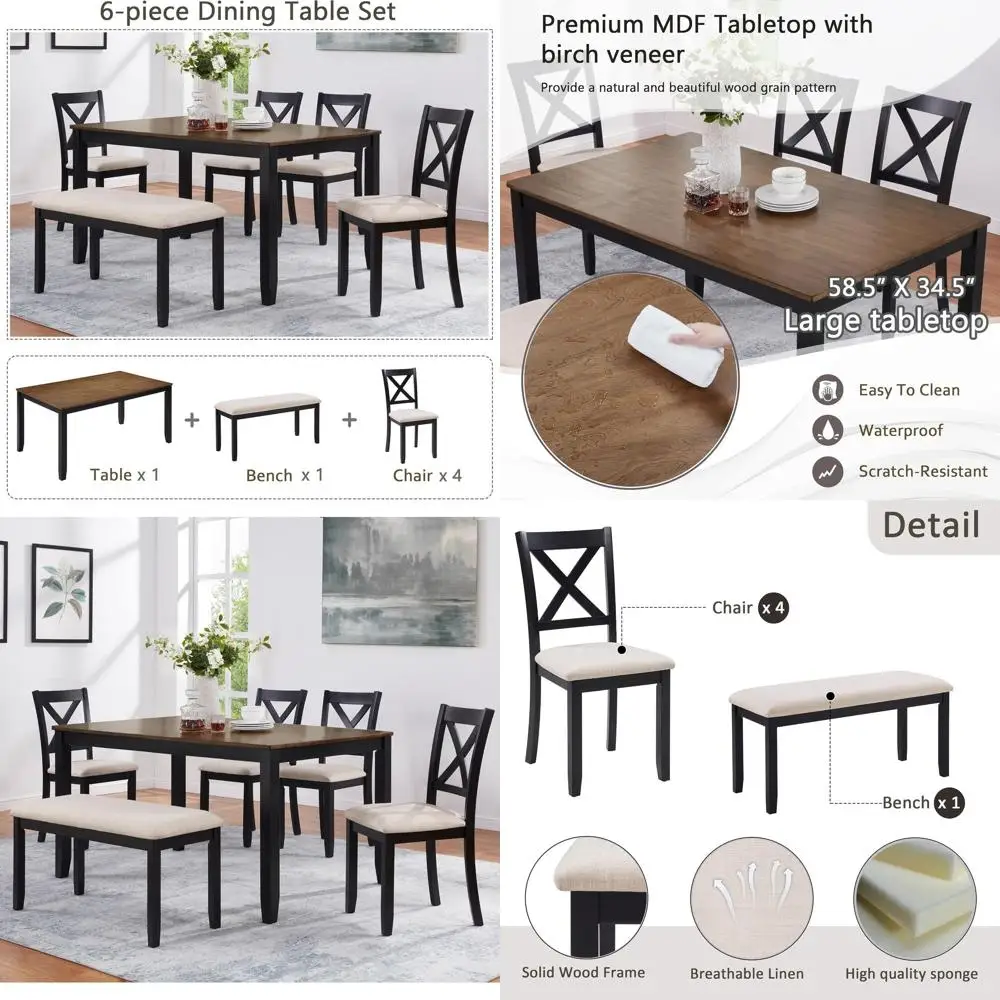 

6 Piece Dining Table Set with Bench, Wooden Kitchen Table Set or Kitchen, Dining Room, Black+Oak