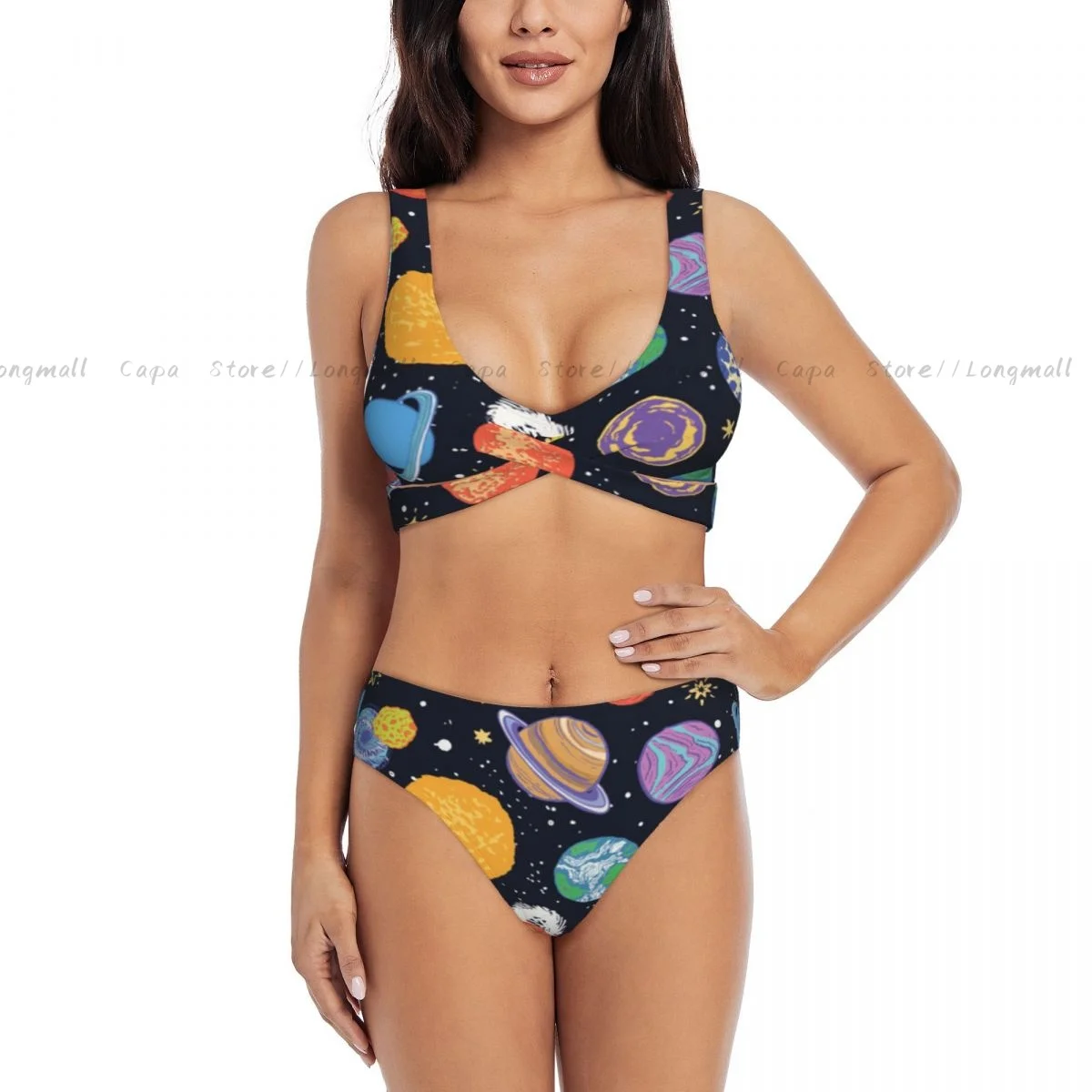 Letnie damskie bikini z dekoltem w kształcie litery V planety i gwiazdy ilustracja stroje kąpielowe damskie 2-częściowy strój kąpielowy na plaży
