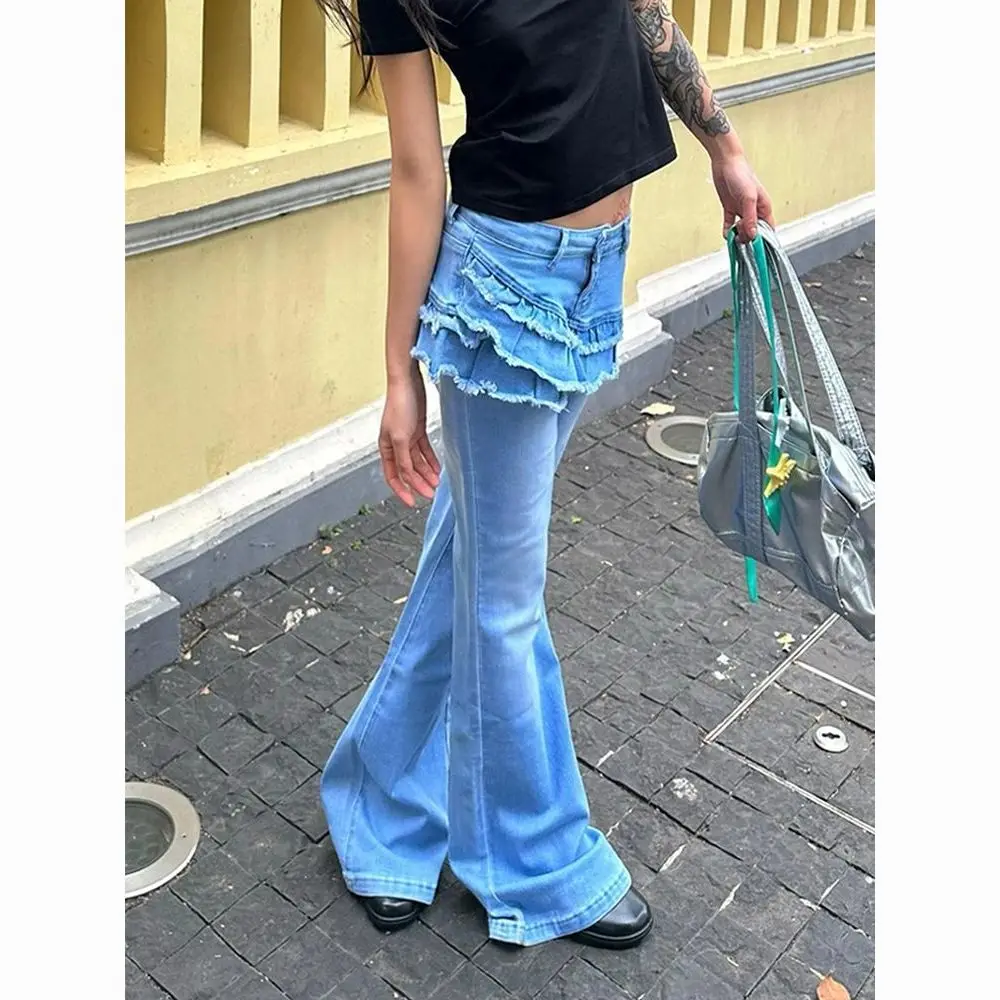 

American Plus Size Flared Pants Women Pleated Hem Splice Design Slimming Hot Girl Style 2024 Autumn Winter Floor Length Trousers