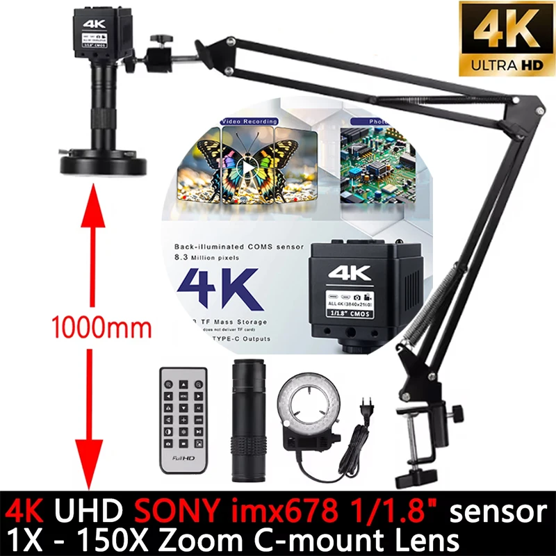 150X Industrial Microscope, 48MP HDMI USB Digital Microscope Camera, Sony Sensor,Takes Video Pictures Measurement PCB Repair