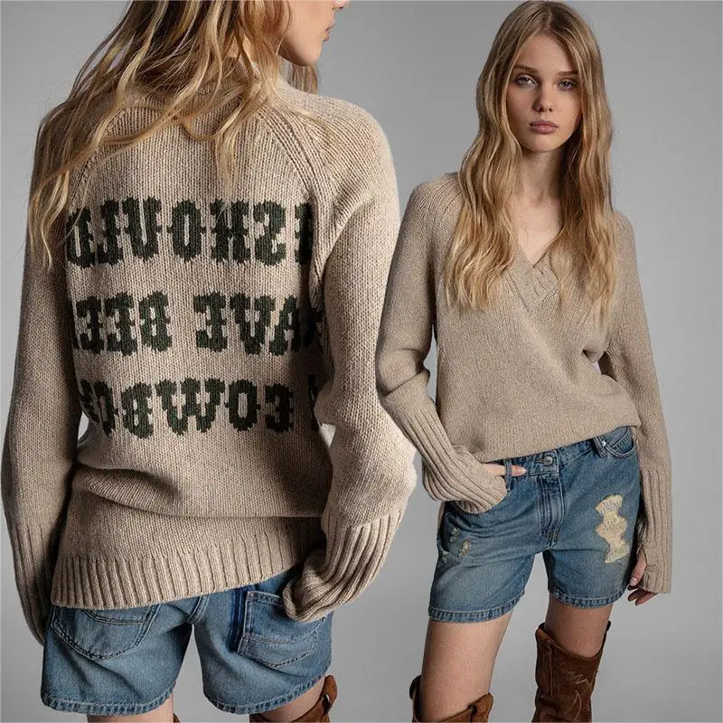 

Zadig Women Wool Sweater Chic V-Neck Long Sleeve Casual Khaki Knitwear Sweaters Female New Fashion Letter Winter Warm Jumpers