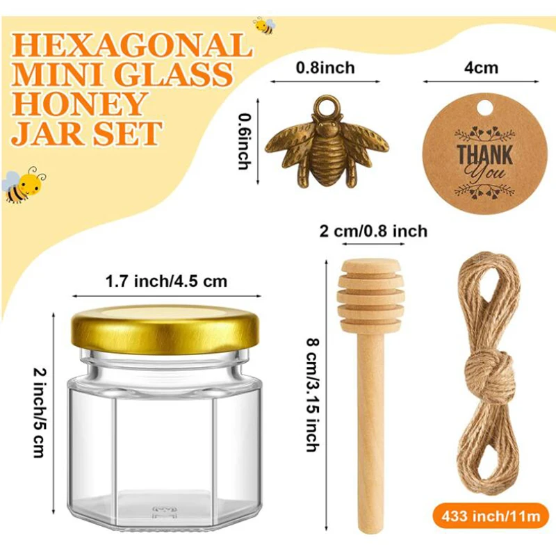 10/20Pcs 1.5oz Mini Honey Jars Party Favors Small Honey Jars  Dippers Gold Lids Bee Charms Tags Jute Twine Cute Takehome Gift