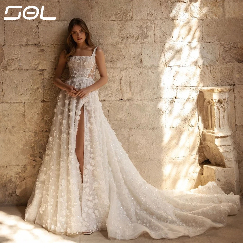 SOL 3D Floral Appliques Lace High Side Slit Wedding Dresses Spaghetti Straps Bride Robes Backless Bridal Gowns Vestidos De Novia