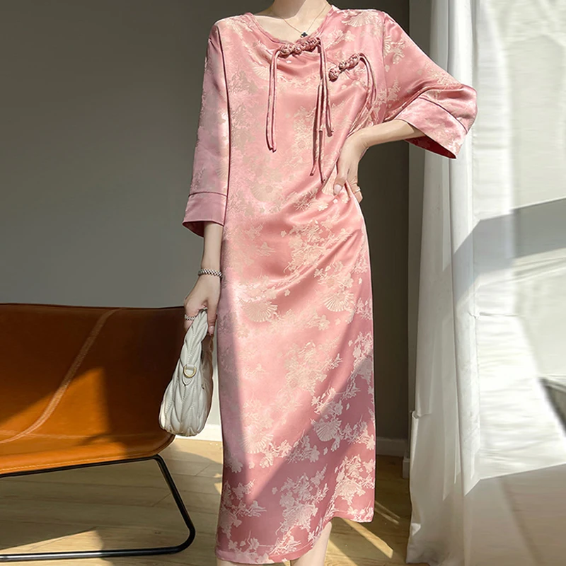 Women New Chinese Grace Round Neck Long Sleeves Button Loose Cheongsam Dress