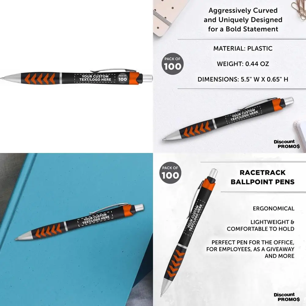 

Персонализированные шариковые ручки с металлическими акцентами — 100 шт. в упаковке для мероприятий на гоночной трассе — пластик, варианты логотипа и текста