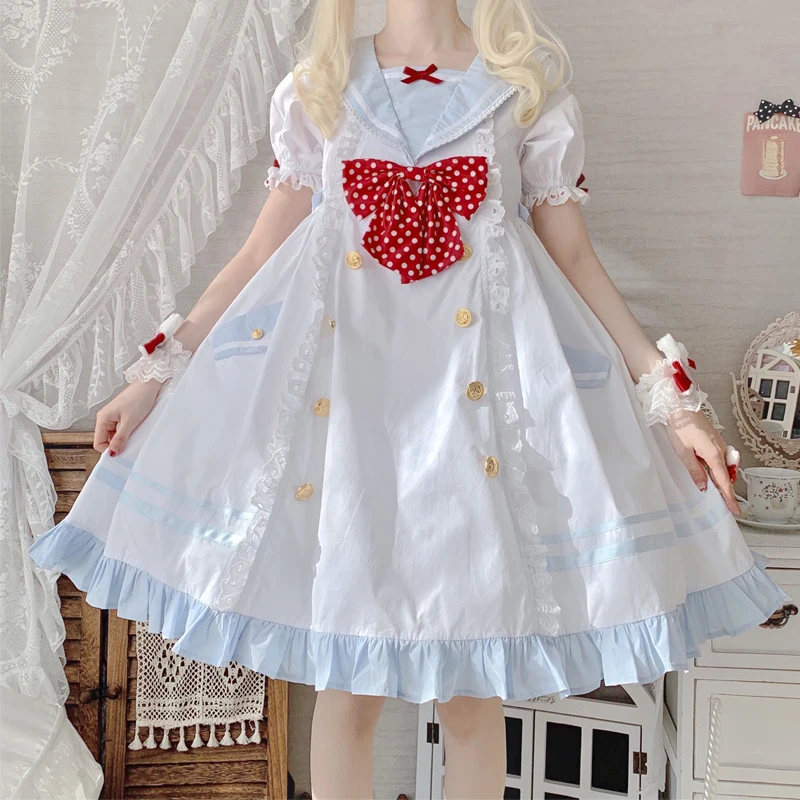 Japanse College Stijl Cosplay Lolita Op Lief Meisje Navy Matroos Kraag Ruches Far Point Strik Puff Mouw Metalen Knoopjurk