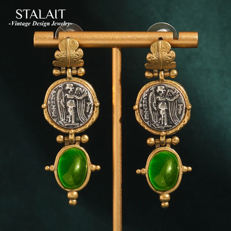 

Vintage Emerald Green Oval Natural Stone Dangle Earrings Pendant Gold Color Coin Antique Jewelry for Woman Accessories Luxury
