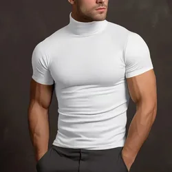 Camiseta de cuello alto de algodón para hombre, camisa de manga corta ajustada, Color sólido, cuello alto, Verano