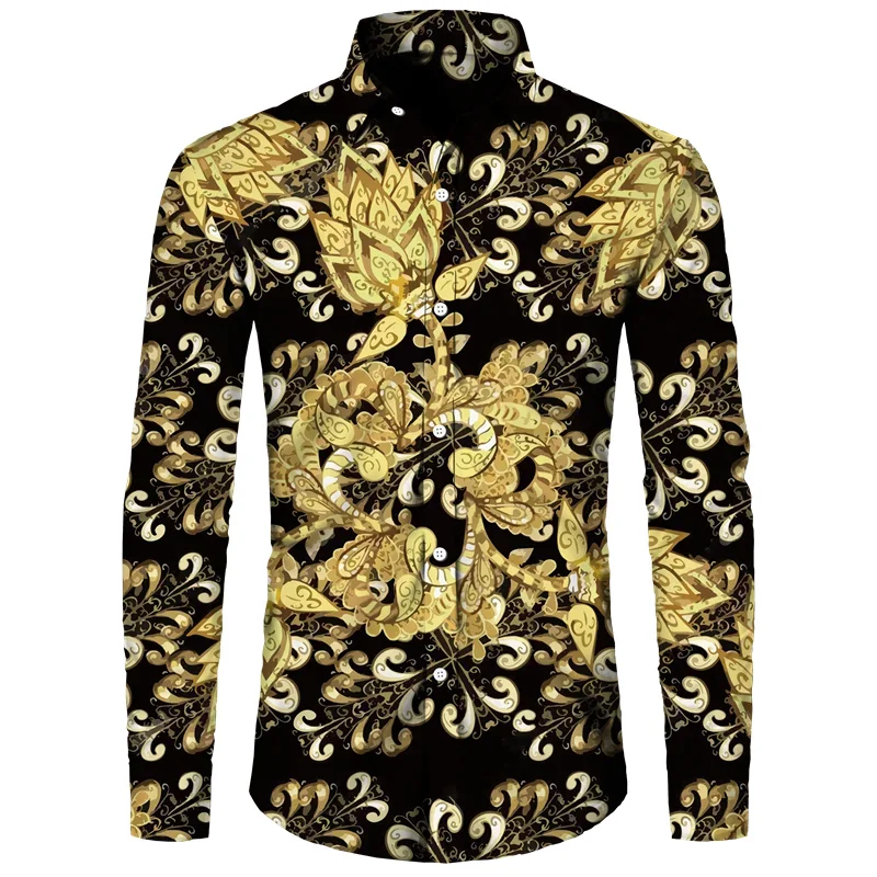 New Luxury Golden Flower Chain 3D Print Men Long Sleeve Shirt Casual Mens Designer Clothing Streetwear Lapel Button Shirts