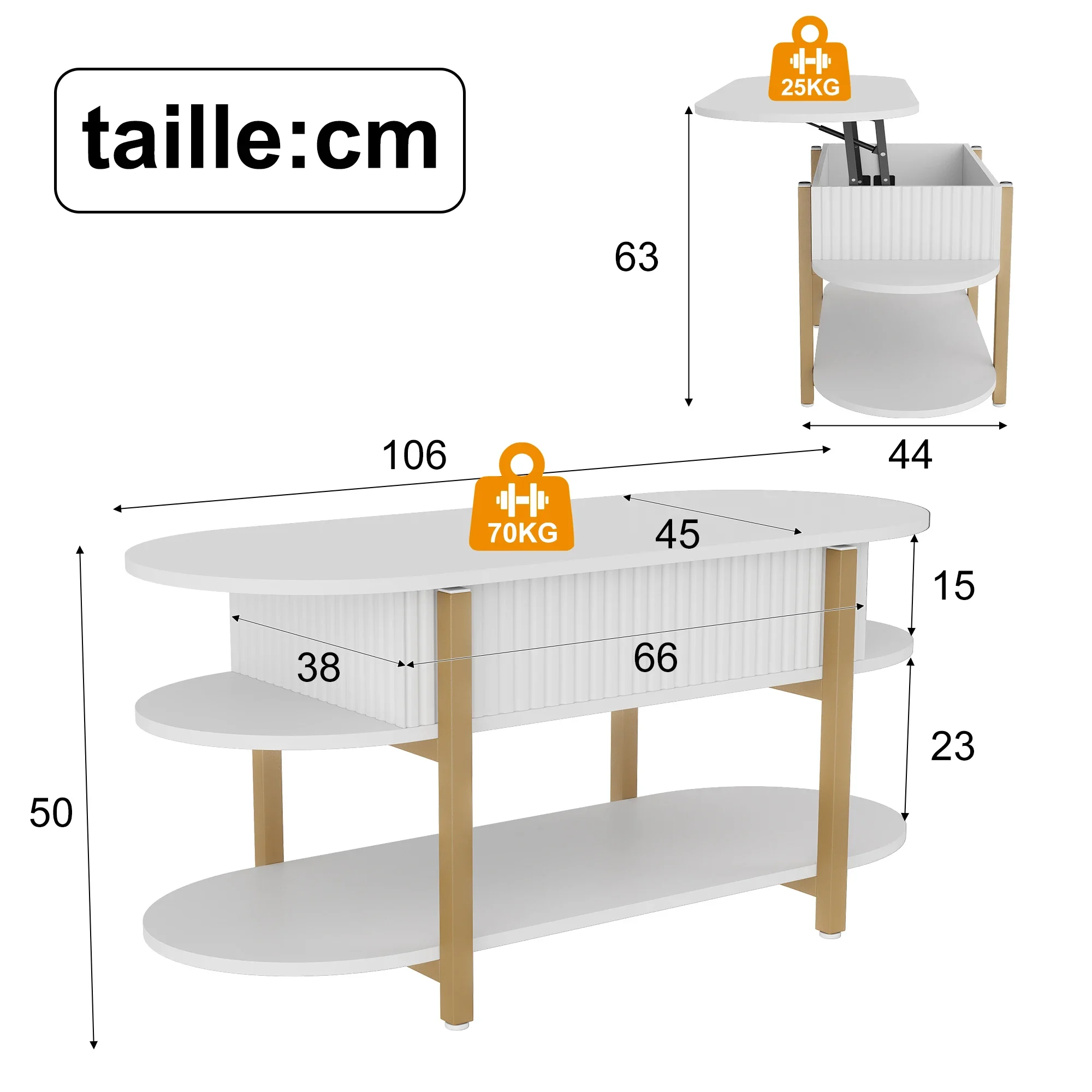 Rosahqnda Couchtisch mit aufklappbarer Tischplatte und verstecktem Stauraum, ovaler, moderner Couchtisch mit verstellbarer Höhe, 106 x 45 x 50 cm, multifunktionaler Couchtisch mit offenen