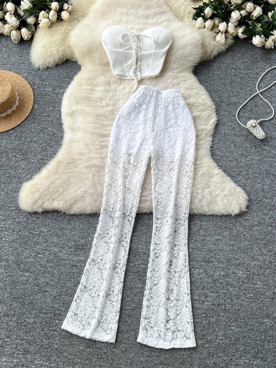 

Women's Slim Fit Lace High Waist Svel Top And Casual Pants Faion Set Sexy Tie Dye Crop Top And Flared Trousers