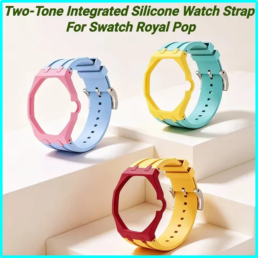 Premium Ceramic Case With FKM Rubber Watch Strap Kit for Swatch X AP Royal POP, Fold Buckle Changer for 3/12 Clock