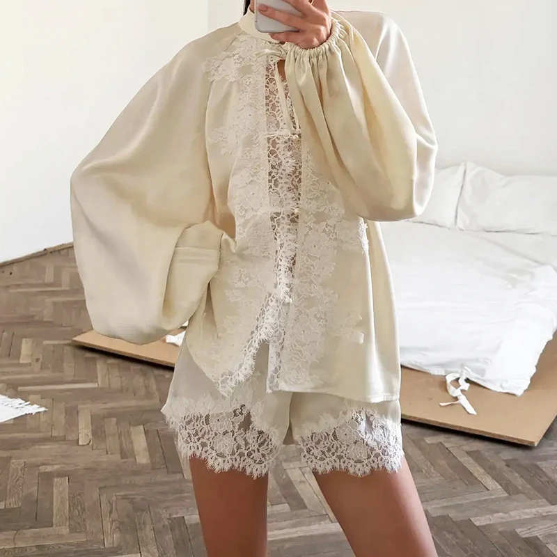 Simple Solid Long Sleeved Cardigan+Shorts 2pc Set Elegant Satin Lace Patchwork Home Suit Casual Semi High Neck Tied Loose Outfit