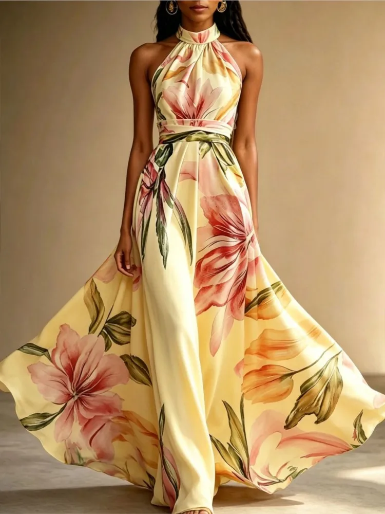 2026 Sommer Neu Bedrucktes Neckholder-Maxikleid im französischen Urlaubsstil – Elegantes, schmales Swing-Abendkleid für Damen