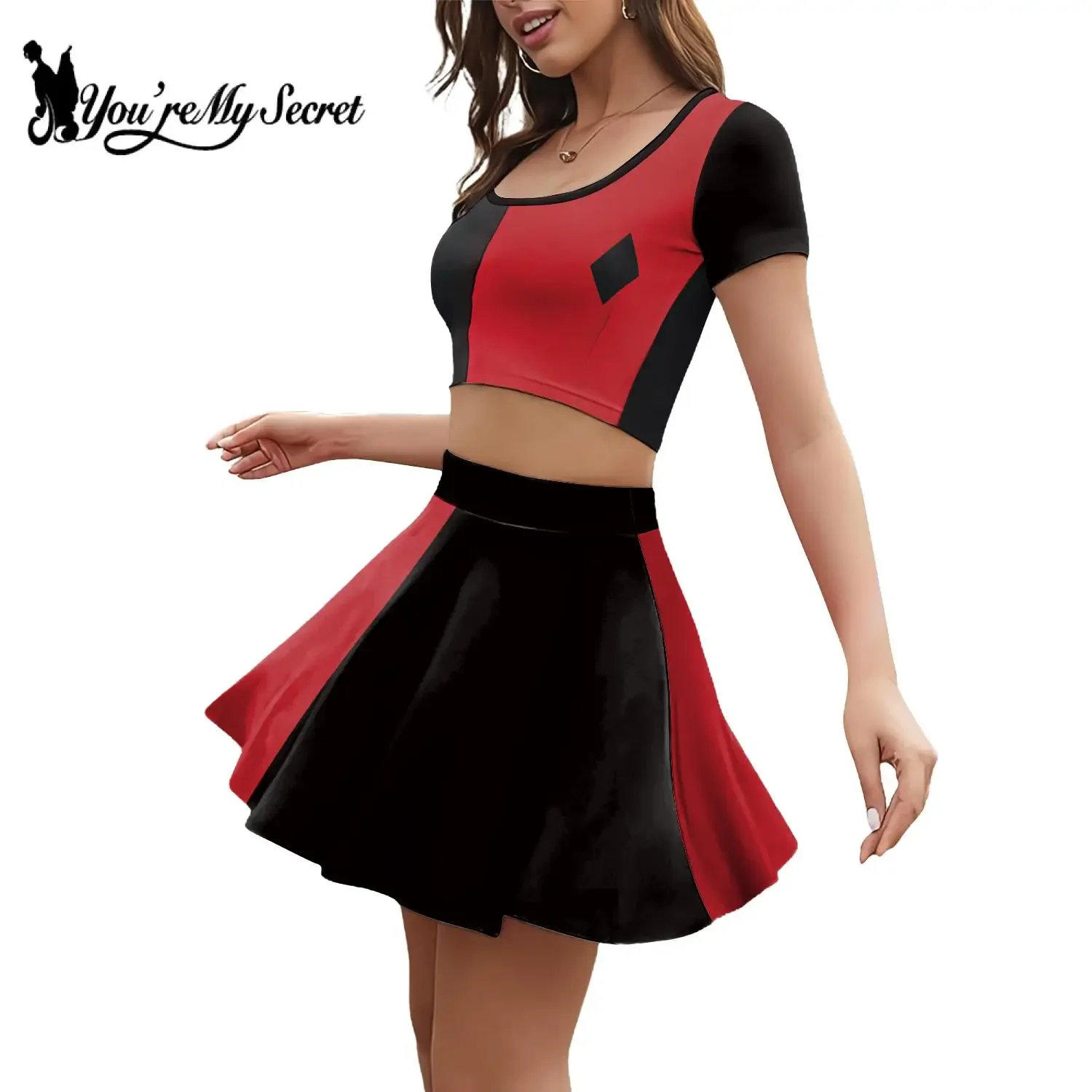 IMU [You're My Secret] Movie Clown Harley Women Suit Joker Hero Cosplay Costume High School Crop Top Pleated Skirt Two Piece Set