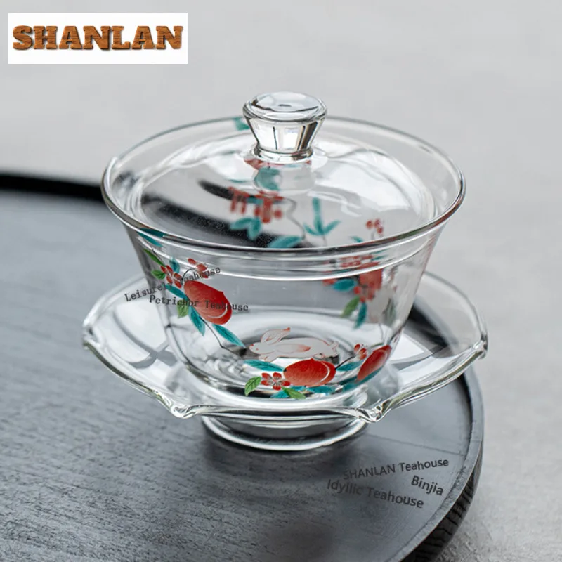 180ml Glass Jade Rabbit Peach Gaiwan Handmade Tea Tureen Household Tea Bowl With Lid Kit Tea Maker Cover Bowl Cha Ornaments view 5