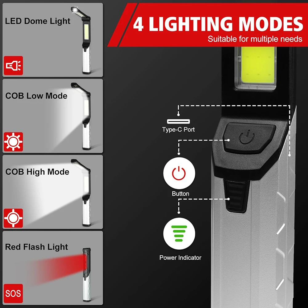 Portable Work Light Rechargeable LED Work Flashlight with 2 Magnetic Base 4 Light Modes Mechanic Light With Hook For Emergency