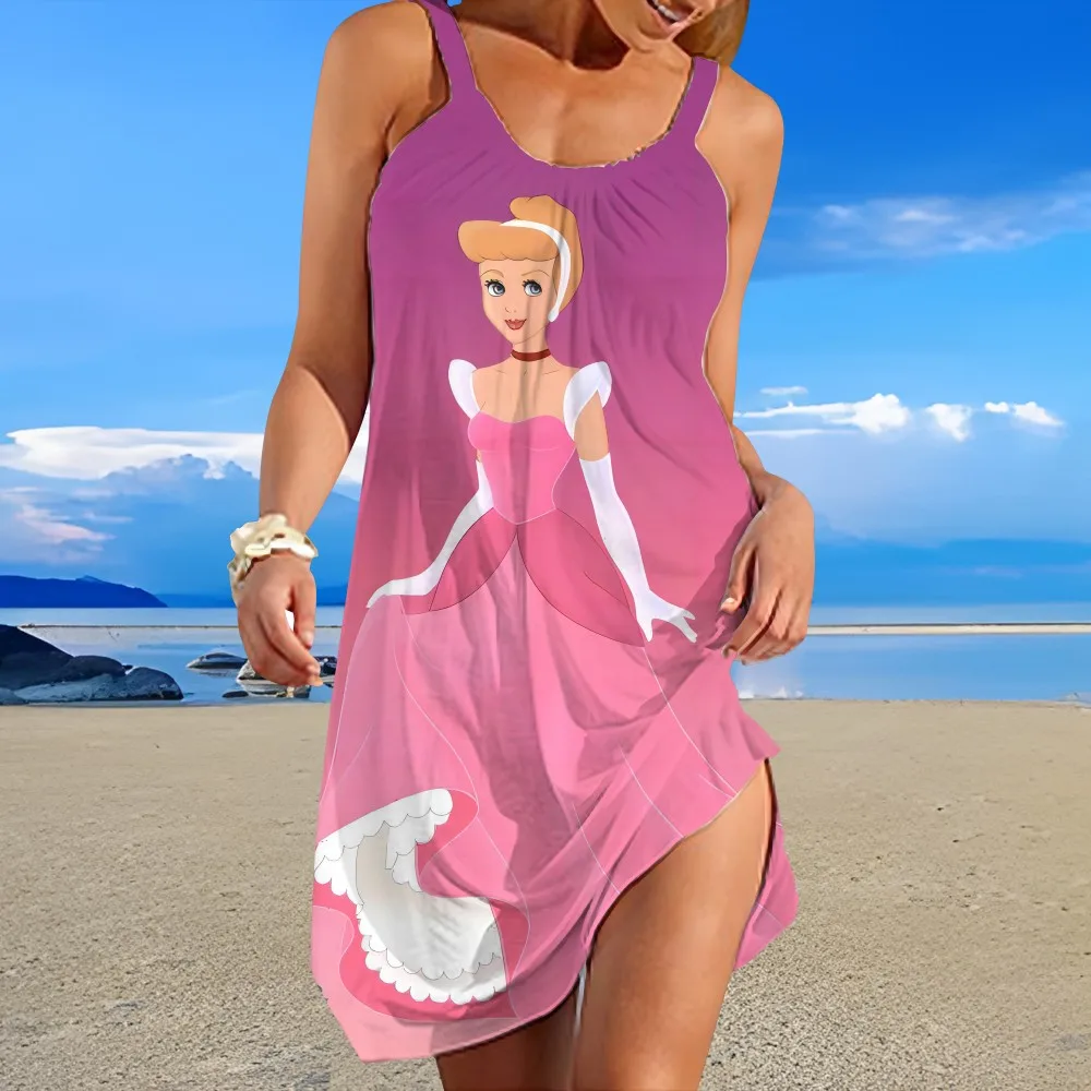 

Women's summer lightweight loose round collar design sleeveless cartoon character pattern printed beach style suspender dress