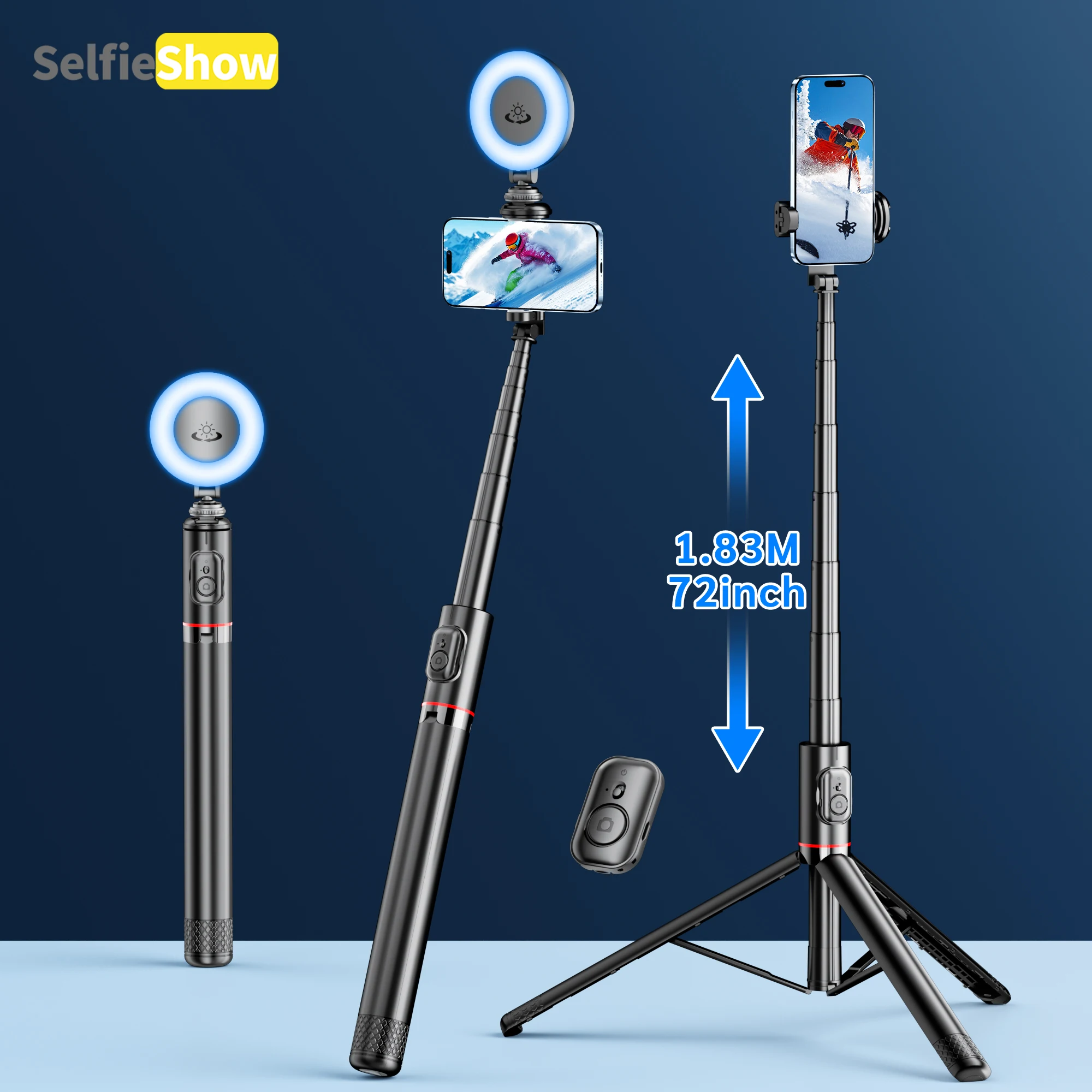 

72 Inch Aluminum Alloy Selfie Stick Wireless Bluetooth Stable Tripod Portable Stand Stabilizer Tripe for iOS Android Cellphone