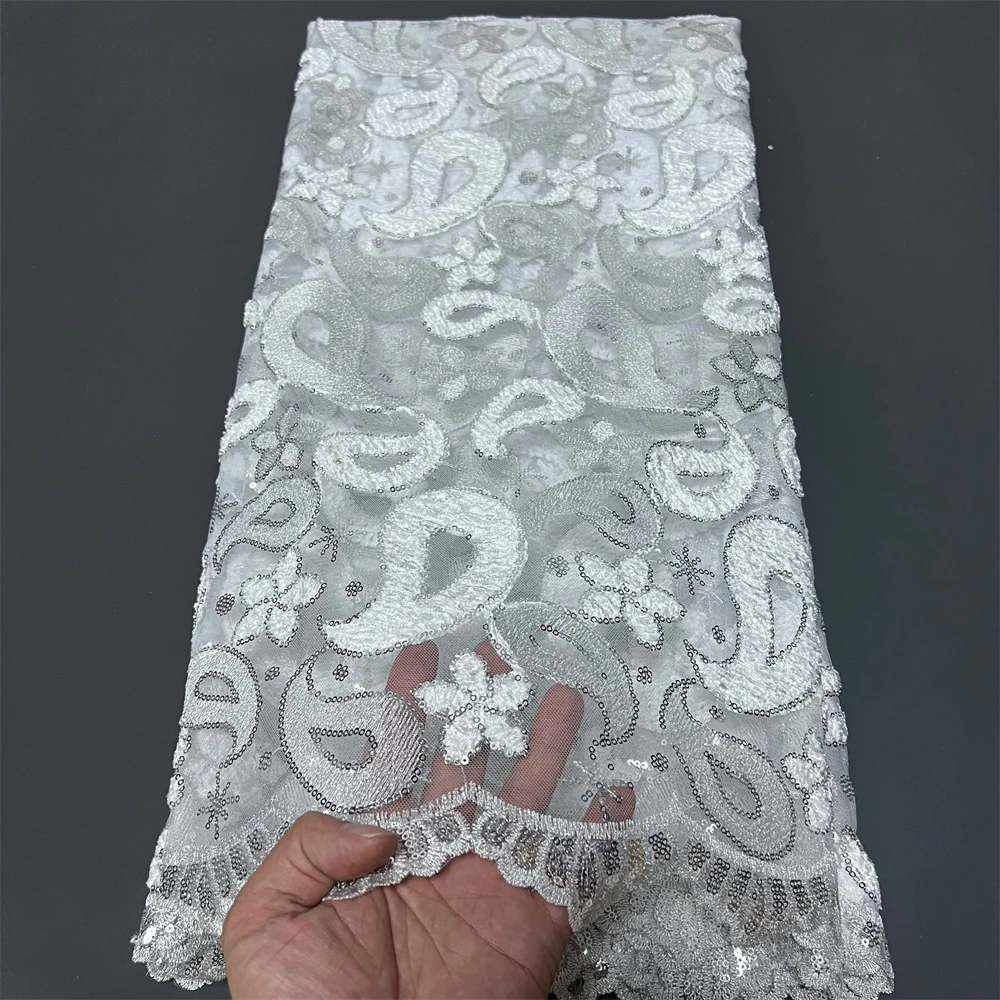 

Африканская нигерийская высококачественная ткань с блестками, 2025 тюль, кружевная ткань для выпускных платьев, вышивка бисером, сетчатая ткань для шитья, 5 ярдов ZJ057