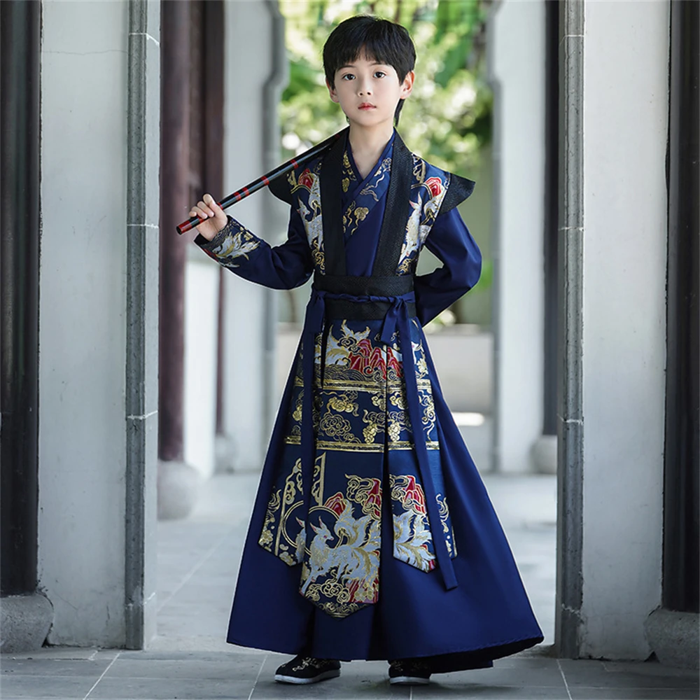 

Chinese Traditional Improved Hanfu Kids Boy Handsome Ancient Costume Young Master Embroidery Tang Suit High-end Swordsman Outfit