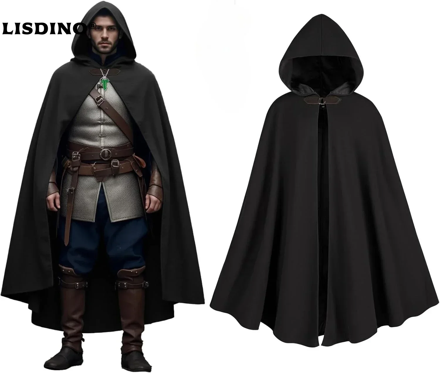 

1Cloak with Hood Men，Medieval Costume Men Round Metal Buckle Cloak with Green Leaf Brooch Necklace for Halloween