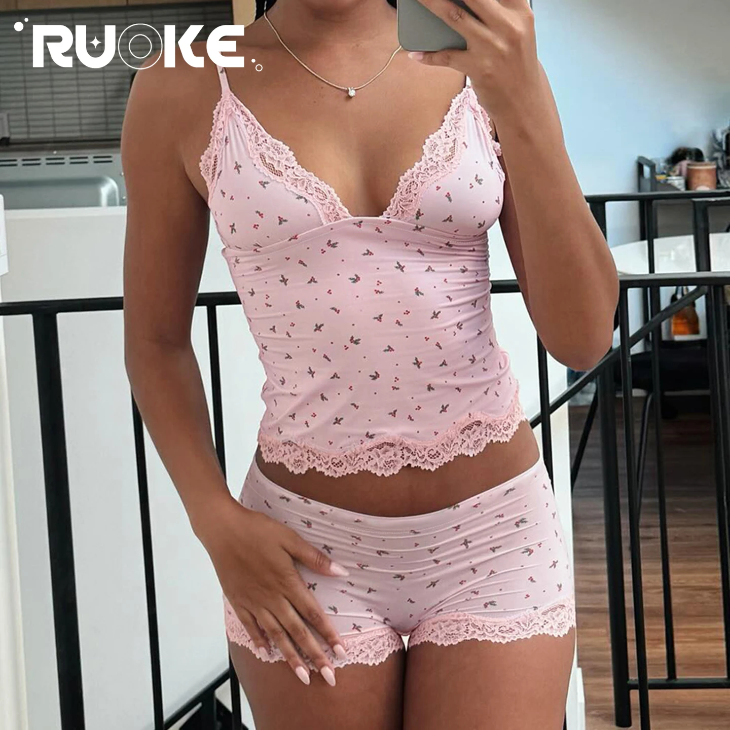 

[RUOKE] Cute Lace Pajama Set Women Floral Print Casual 2 Piece Suit Sleepwear Loungewear Outfit Spaghetti Strap Camisole Shorts