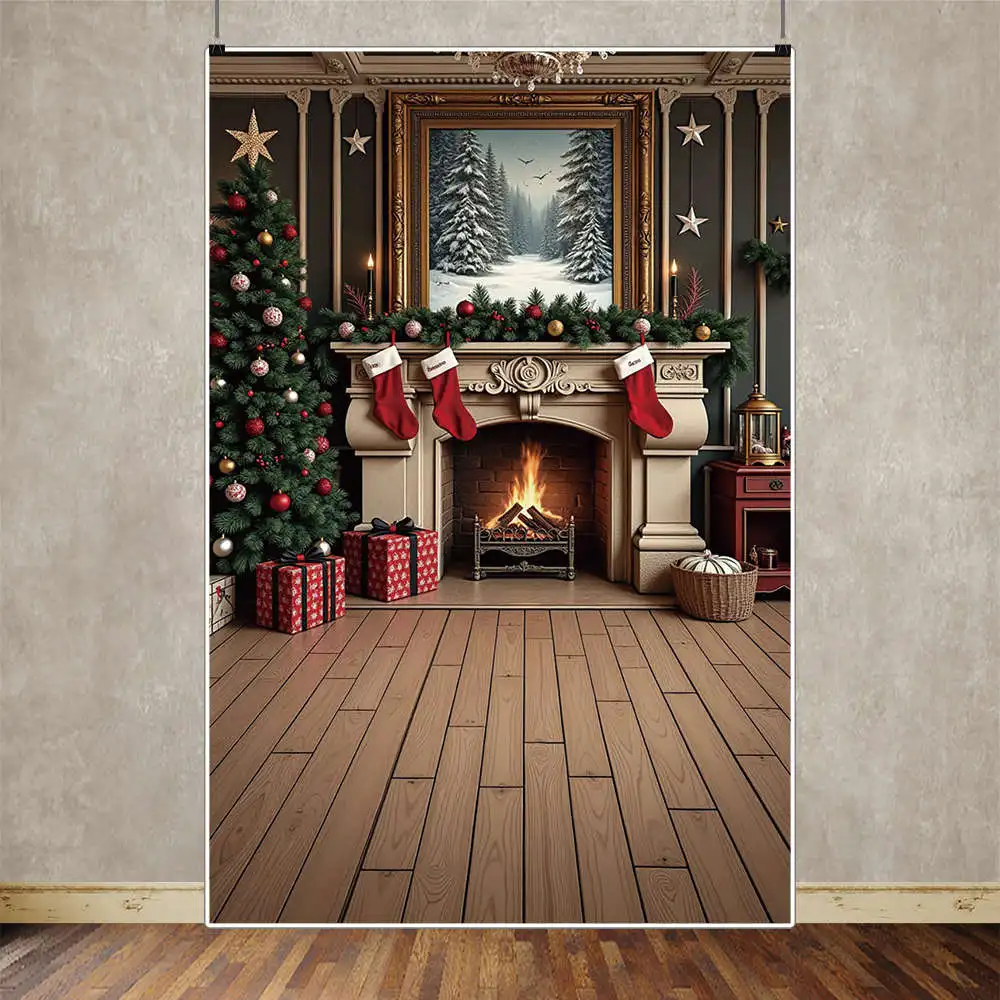 Toile de fond de Noël pour la photographie, cheminée en brique, cadeau, grand arbre, arrière-plan photo, studio photo, accessoires de photocall, 2025, 2024
