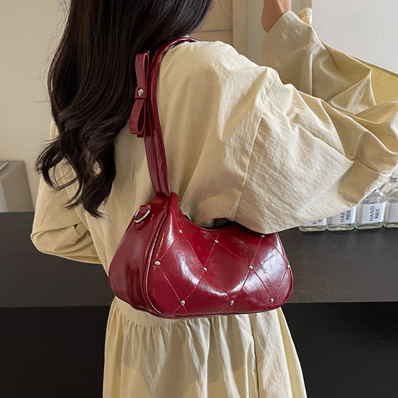 2024 New Wine Red Single Shoulder Bags For Women Trend Versatile Commuting Crossbody Bag Simple Pu Leather Female Handbags