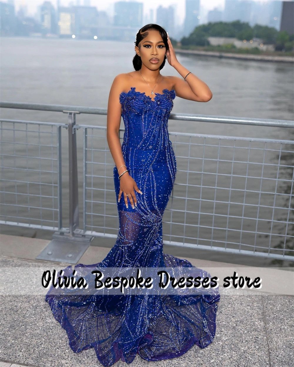 Luxury Blue Prom Dresses 2025 Sweetheart Sequin Beads Mermaid Party Gowns For Black Girls Maxi vestidos de graduación Customized