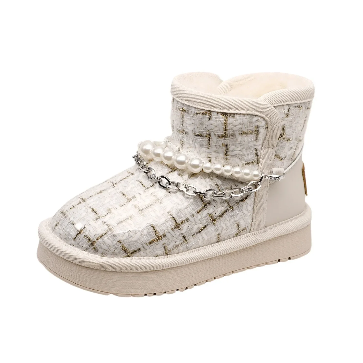 Winter Children's Boys Girls Pearl Plaid Natural Velvet Thick Snow Boots Kids Toddler Platform Comfortable Warm Short Boots